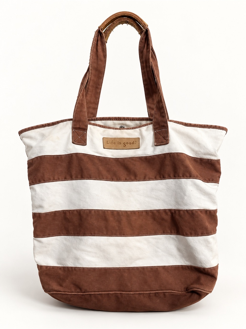 Life Is Good Brown Cream Striped Canvas Shoulder Tote Bag